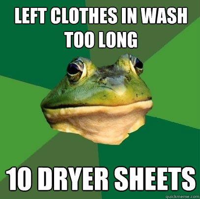 Left clothes in wash too long 10 dryer sheets  Foul Bachelor Frog