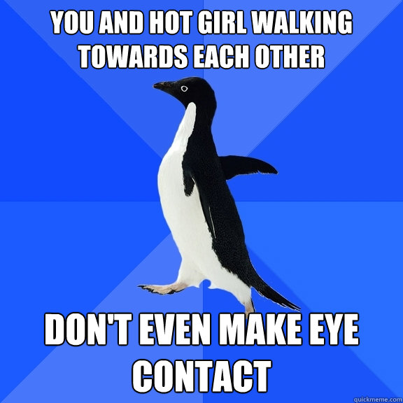 You and hot girl walking towards each other don't even make eye contact  Socially Awkward Penguin