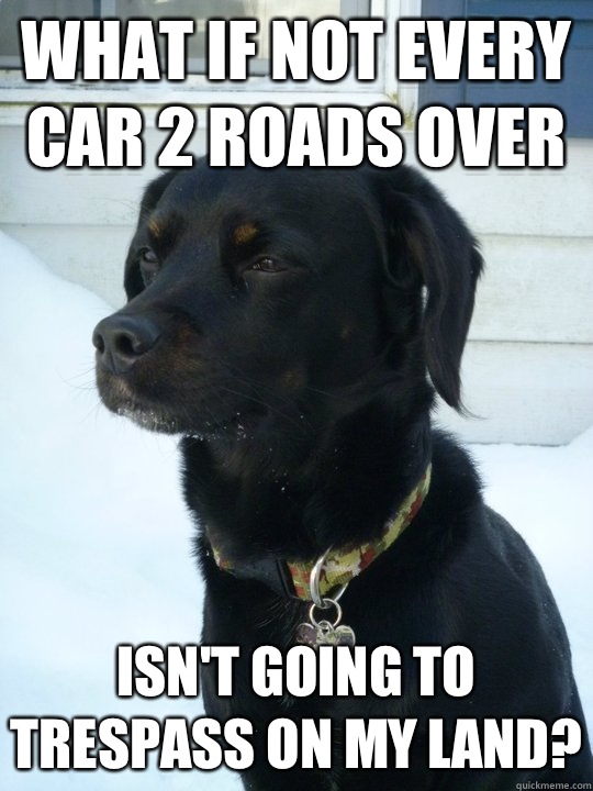 what if not every car 2 roads over Isn't going to  trespass on my land?  Philosophical Puppy