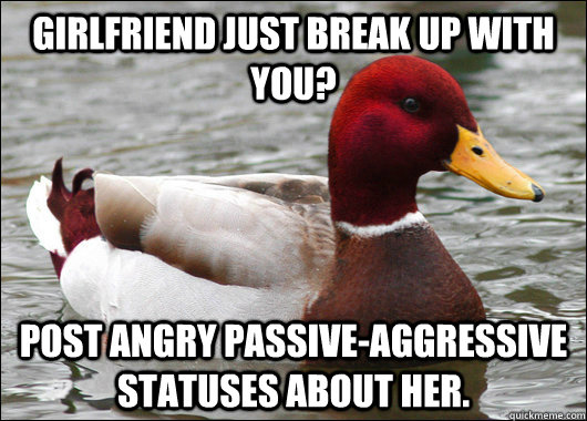 Girlfriend just break up with you? Post angry passive-aggressive statuses about her.    Malicious Advice Mallard