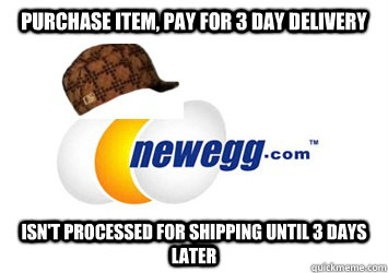 Purchase item, pay for 3 day delivery isn't processed for shipping until 3 days later  Scumbag newegg