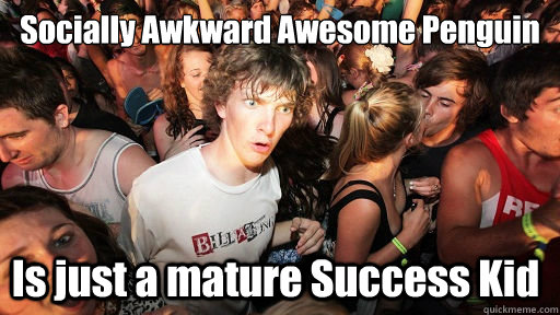 Socially Awkward Awesome Penguin
 Is just a mature Success Kid  Sudden Clarity Clarence