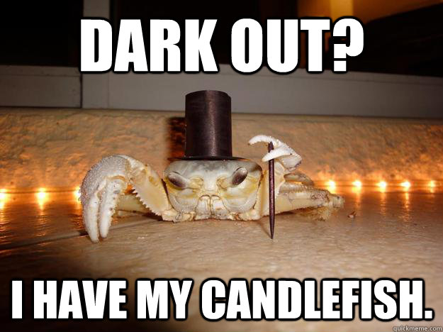 Dark out? I have my candlefish.  Fancy Crab