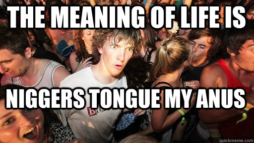 The meaning of life is Niggers tongue my anus  Sudden Clarity Clarence