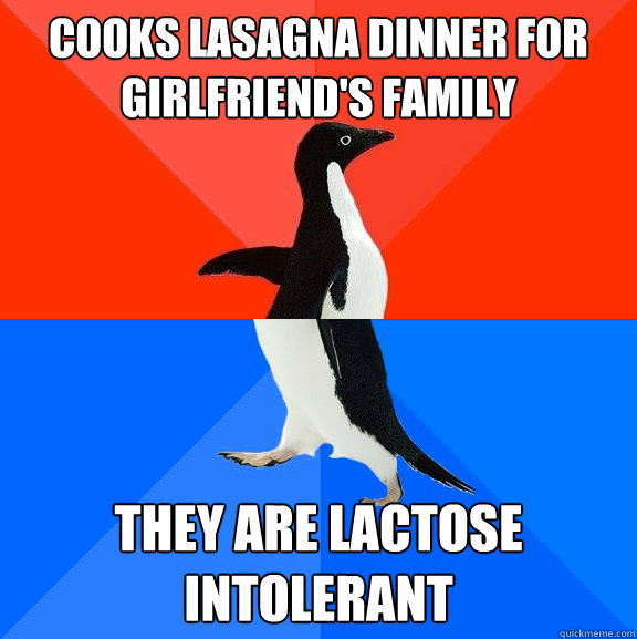Cooks Lasagna dinner for girlfriend's family They are lactose intolerant   Socially Awesome Awkward Penguin