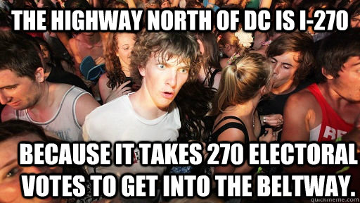 The highway north of DC is I-270 because it takes 270 electoral votes to get into the beltway.  Sudden Clarity Clarence