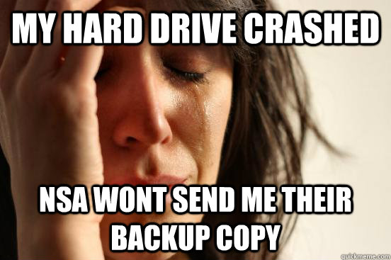 my hard drive crashed nsa wont send me their backup copy  First World Problems