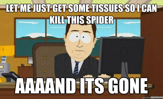 Let me just get some tissues so i can kill this spider AAAAND its gone  aaaand its gone