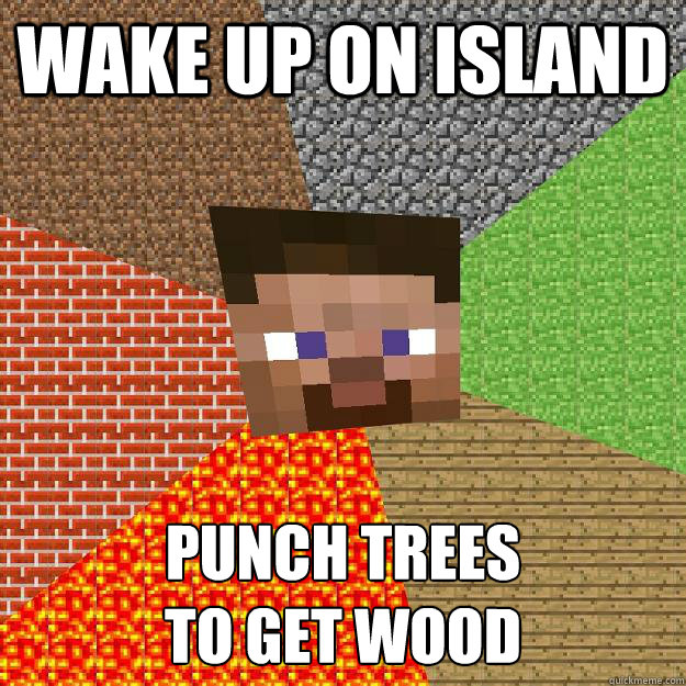 Wake up on island punch trees 
to get wood  Minecraft