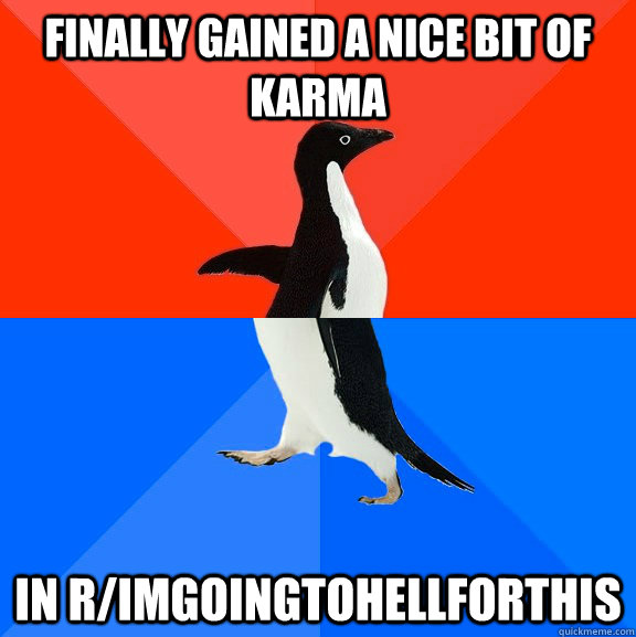 finally gained a nice bit of karma in r/imgoingtohellforthis  Socially Awesome Awkward Penguin