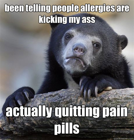 been telling people allergies are kicking my ass actually quitting pain pills  Confession Bear