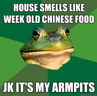 House smells like week old chinese food jk it's my armpits  Foul Bachelor Frog