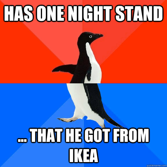 Has one night stand ... that he got from ikea  Socially Awesome Awkward Penguin