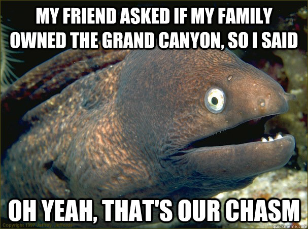 My friend asked if my family owned the Grand Canyon, so I said Oh yeah, that's our chasm - My friend asked if my family owned the Grand Canyon, so I said Oh yeah, that's our chasm  Bad Joke Eel