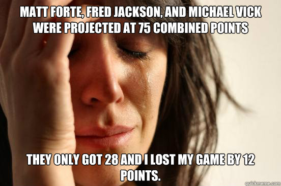 Matt Forte, Fred Jackson, and Michael Vick were projected at 75 combined points They only got 28 and I lost my game by 12 points.  First World Problems