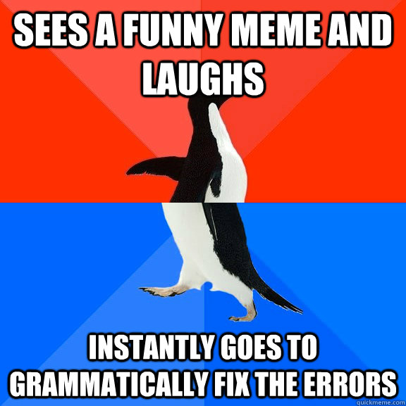 sees a funny meme and laughs instantly goes to grammatically fix the errors  Socially Awesome Awkward Penguin