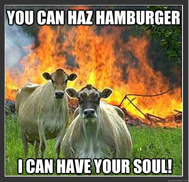 You can haz hamburger I can have your soul!  Evil cows