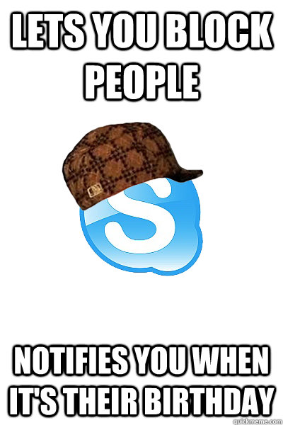 Lets you block people Notifies you when it's their birthday  Scumbag Skype