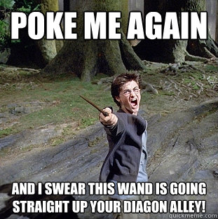 poke me again and i swear this wand is going straight up your diagon alley!  Pissed off Harry