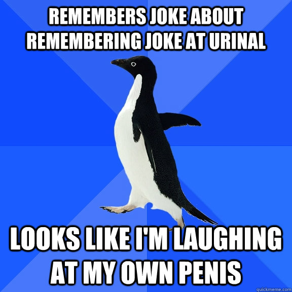 Remembers joke about remembering joke at urinal looks like I'm laughing at my own penis - Remembers joke about remembering joke at urinal looks like I'm laughing at my own penis  Socially Awkward Penguin