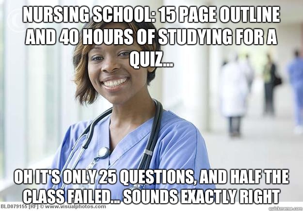 Nursing school: 15 page outline and 40 hours of studying for a quiz... Oh it's only 25 questions, and half the class failed... Sounds exactly right - Nursing school: 15 page outline and 40 hours of studying for a quiz... Oh it's only 25 questions, and half the class failed... Sounds exactly right  Nursing Student