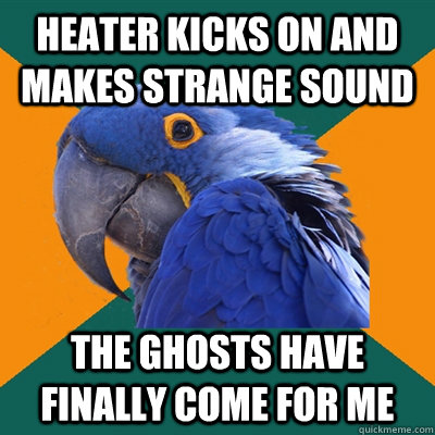 Heater kicks on and makes strange sound The ghosts have finally come for me  Paranoid Parrot