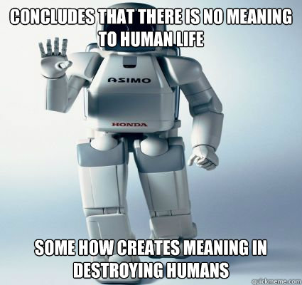 concludes that there is no meaning to human life  some how creates meaning in destroying humans   Sci-fi robot