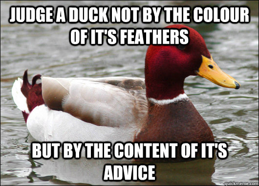Judge a duck not by the colour of it's feathers But by the content of it's advice  Malicious Advice Mallard