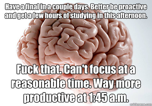 Have a final in a couple days. Better be proactive and get a few hours of studying in this afternoon. Fuck that. Can't focus at a reasonable time. Way more productive at 1:45 a.m.  Scumbag Brain