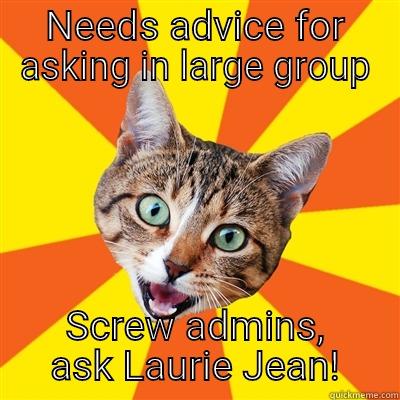 Needs advice for posting in large group - NEEDS ADVICE FOR ASKING IN LARGE GROUP SCREW ADMINS, ASK LAURIE JEAN! Bad Advice Cat