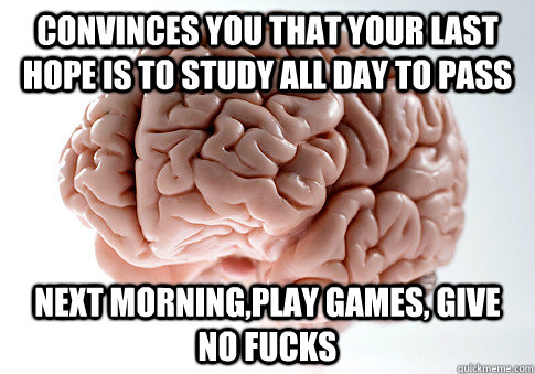 CONVINCES YOU THAT YOUR LAST HOPE IS TO STUDY ALL DAY TO PASS NEXT MORNING,PLAY GAMES, GIVE NO FUCKS   Scumbag Brain