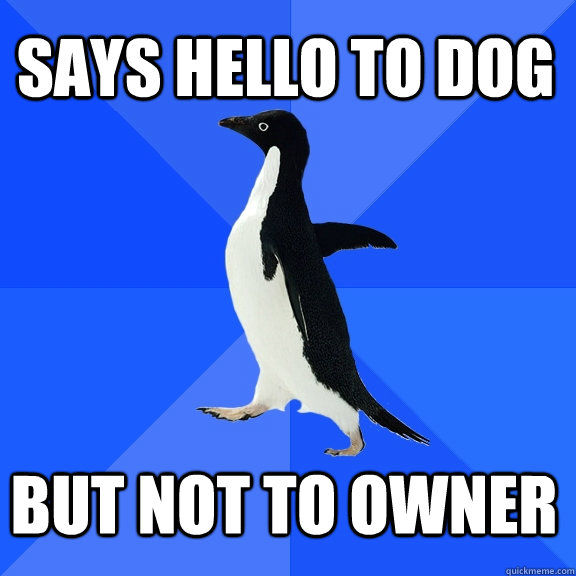 says hello to dog but not to owner  Socially Awkward Penguin
