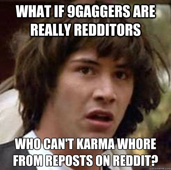 What if 9gaggers are really redditors who can't karma whore from reposts on reddit?  conspiracy keanu