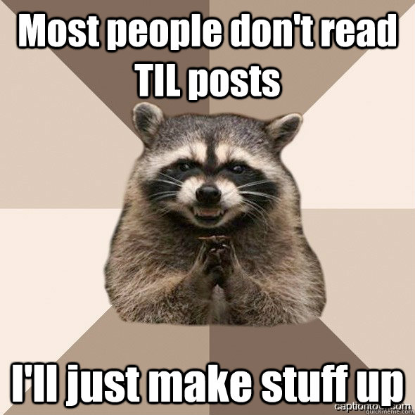 Most people don't read TIL posts I'll just make stuff up - Most people don't read TIL posts I'll just make stuff up  DLI real Scheming raccoons