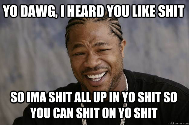 Yo dawg, I heard you like shit So ima shit all up in yo shit so you can shit on yo shit  Xzibit meme