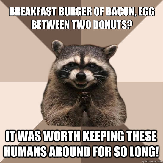 breakfast burger of bacon, egg between two donuts? It was worth keeping these humans around for so long!   Evil Plotting Raccoon