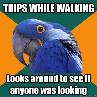 TRIPS WHILE WALKING Looks around to see if anyone was looking   Paranoid Parrot