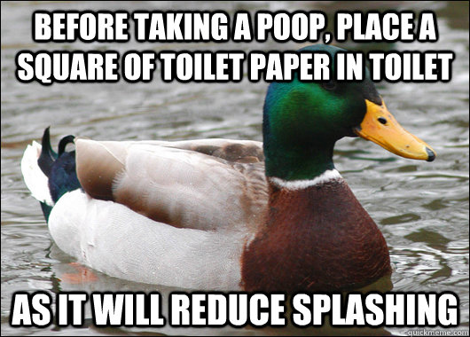 before taking a poop, place a square of toilet paper in toilet as it will reduce splashing  Actual Advice Mallard