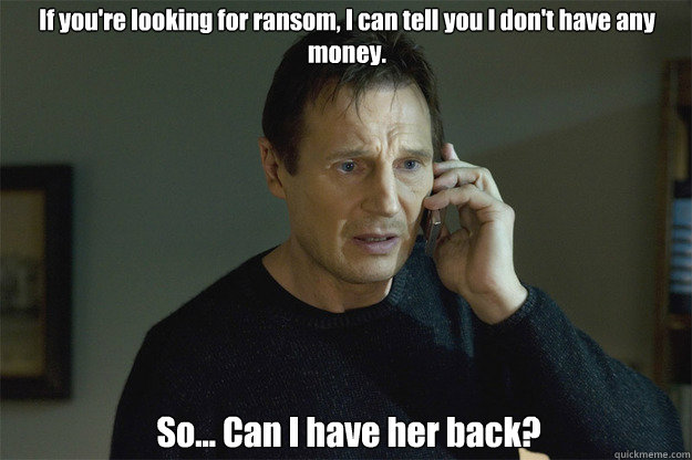 If you're looking for ransom, I can tell you I don't have any money. So... Can I have her back?  Liam Neeson Phone Call