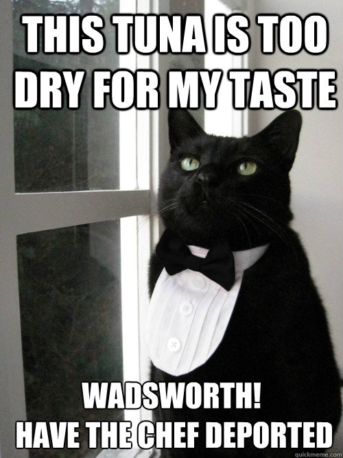 This tuna is too dry for my taste Wadsworth!
 have the chef deported - This tuna is too dry for my taste Wadsworth!
 have the chef deported  One Percent Cat