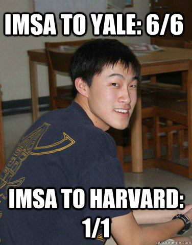 IMSA to Yale: 6/6 IMSA to Harvard: 1/1  