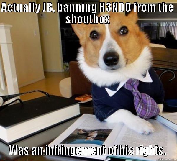 ACTUALLY JB, BANNING H3NDO FROM THE SHOUTBOX WAS AN INFRINGEMENT OF HIS RIGHTS. Lawyer Dog