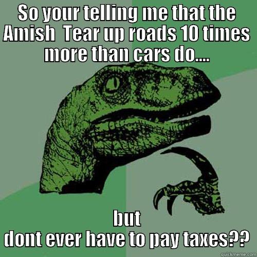 SO YOUR TELLING ME THAT THE AMISH  TEAR UP ROADS 10 TIMES MORE THAN CARS DO.... BUT DONT EVER HAVE TO PAY TAXES?? Philosoraptor