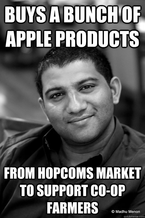 Buys a bunch of apple Products From Hopcoms market to support co-op farmers  