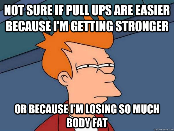 not sure if pull ups are easier because I'm getting stronger or because i'm losing so much body fat  Futurama Fry