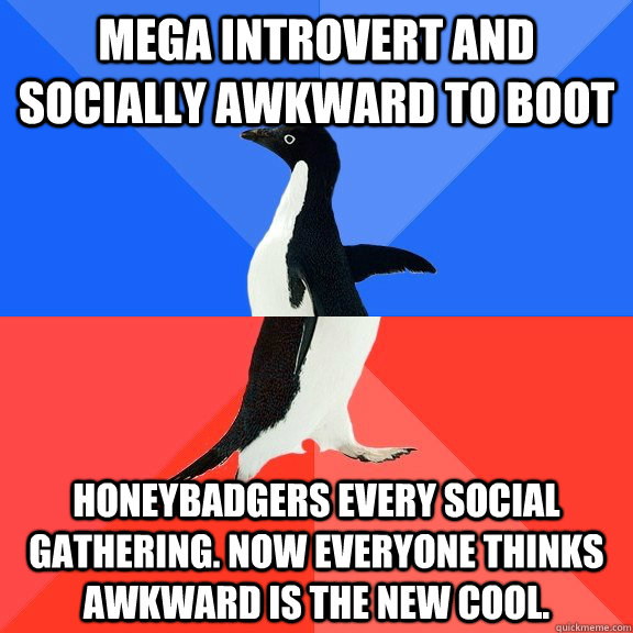 mega introvert and socially awkward to boot honeybadgers every social gathering. now everyone thinks awkward is the new cool.  Socially Awkward Awesome Penguin
