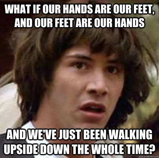 What if our hands are our feet, and our feet are our hands and we've just been walking upside down the whole time?  conspiracy keanu