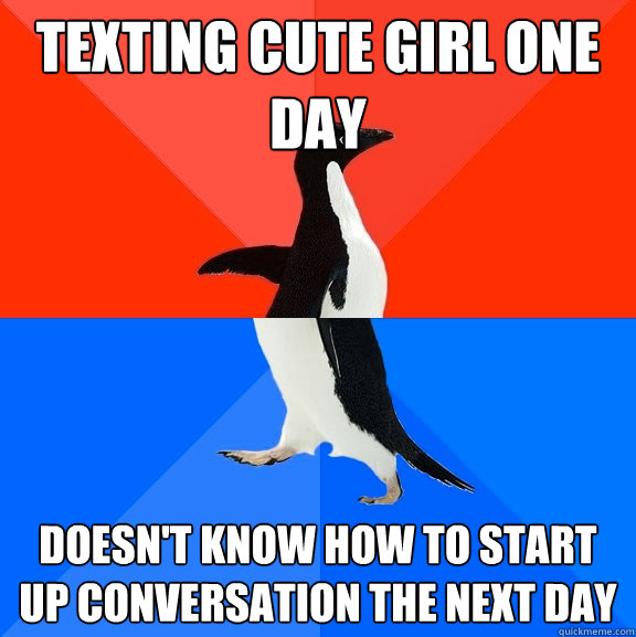 Texting cute girl one day doesn't know how to start up conversation the next day  Socially Awesome Awkward Penguin