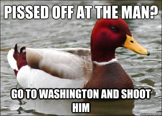 pissed off at the man?
 go to washington and shoot him  Malicious Advice Mallard