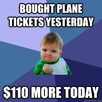 bought plane tickets yesterday $110 more today  Success Kid